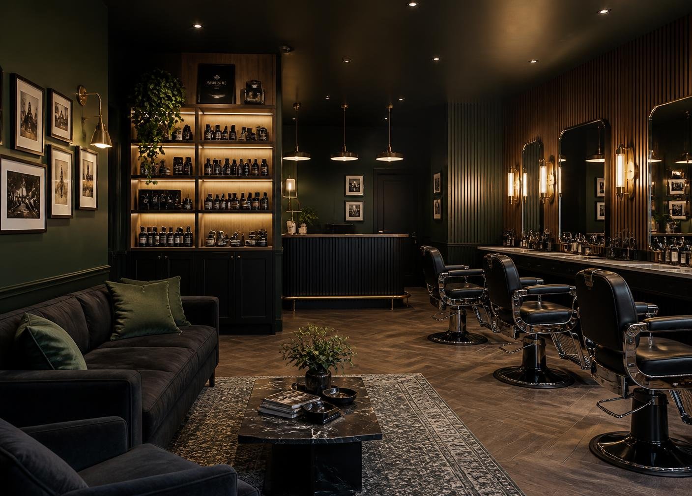 Loungehoek en barberstoelen in het interieur van Carizma