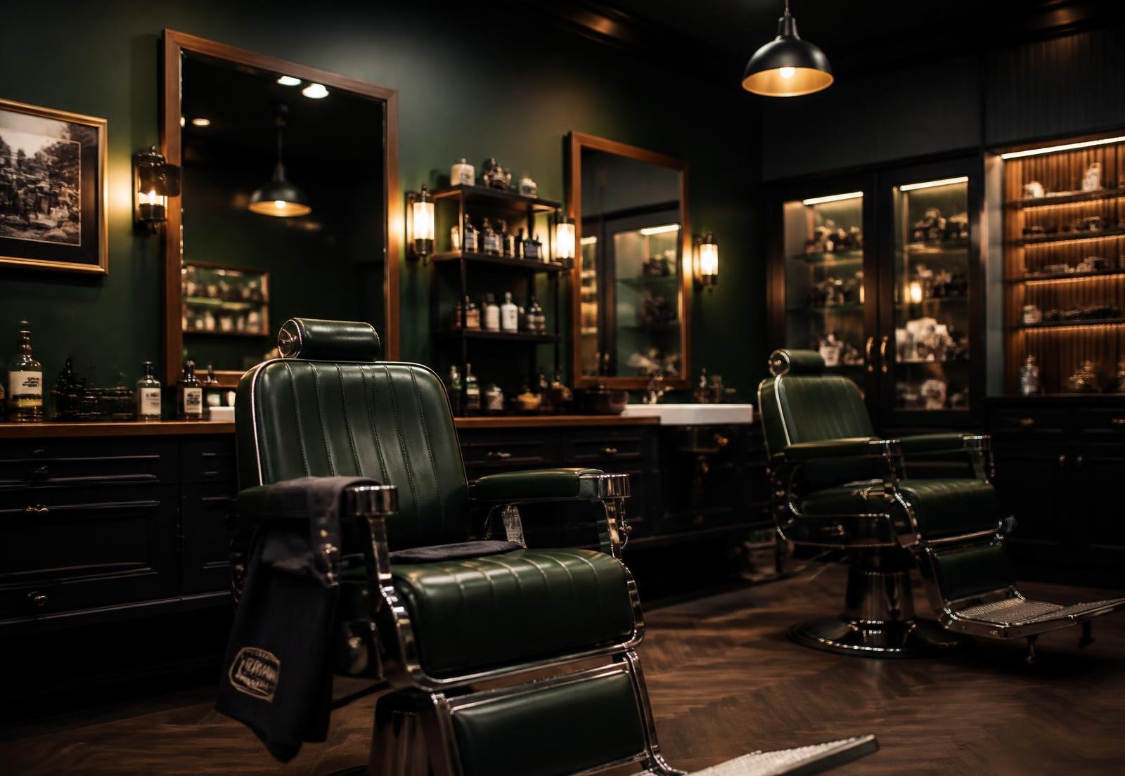 Interieur van barbershop Carizma met donkergroene muren en groene barber chairs